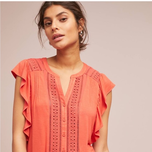 Anthropologie Maeve Kailana Flutter-Sleeve Top Coral Size Small - Picture 1 of 7